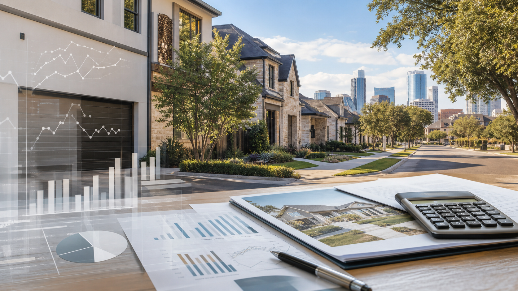Texas neighborhood with home documents, charts, and a calculator